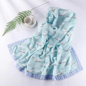 Whale Print Blue Muslin Swaddle